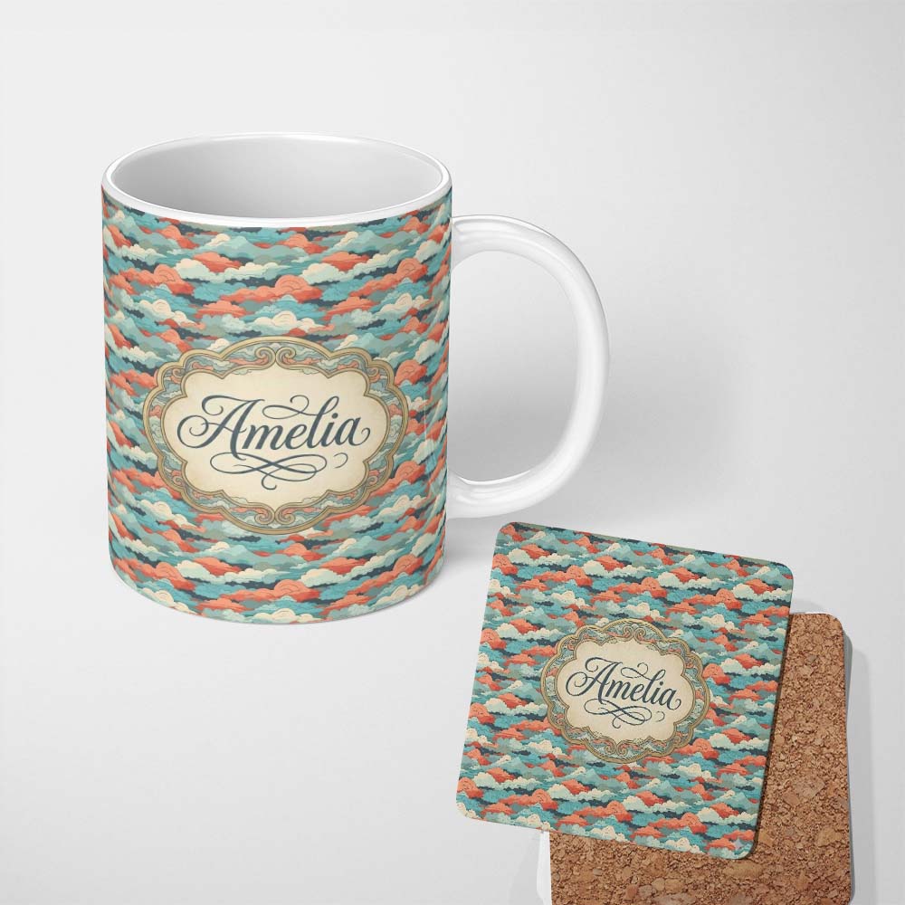 Personalized Custom Name Retro Multicolour Cloud Pattern Teal Coral and Cream Seamless Design 11oz Ceramic Coffee Tea Mug White Large Handle