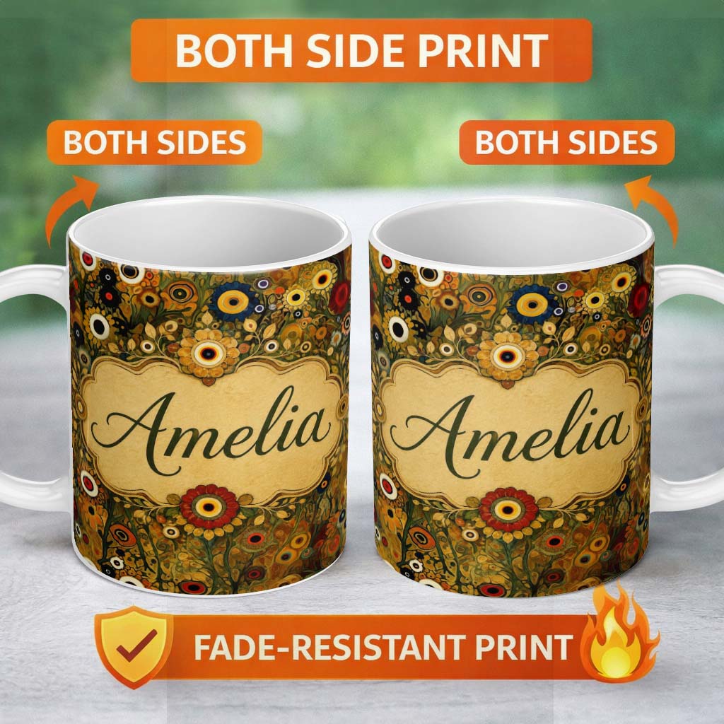 Personalized Custom Name Abstract Floral Circles Pattern Warm Earth Tones Artistic Seamless 11oz Ceramic Coffee Tea Mug White Large Handle