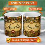Personalized Custom Name Abstract Floral Circles Pattern Warm Earth Tones Artistic Seamless 11oz Ceramic Coffee Tea Mug White Large Handle