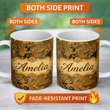 Personalized Custom Name Golden Abstract Mosaic Circles Flowing Organic Shapes Seamless 11oz Ceramic Coffee Tea Mug White Large Handle