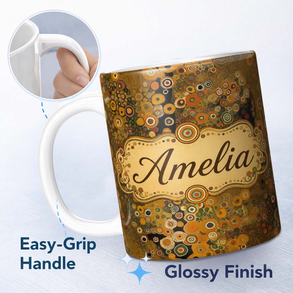 Personalized Custom Name Golden Abstract Mosaic Circles Flowing Organic Shapes Seamless 11oz Ceramic Coffee Tea Mug White Large Handle