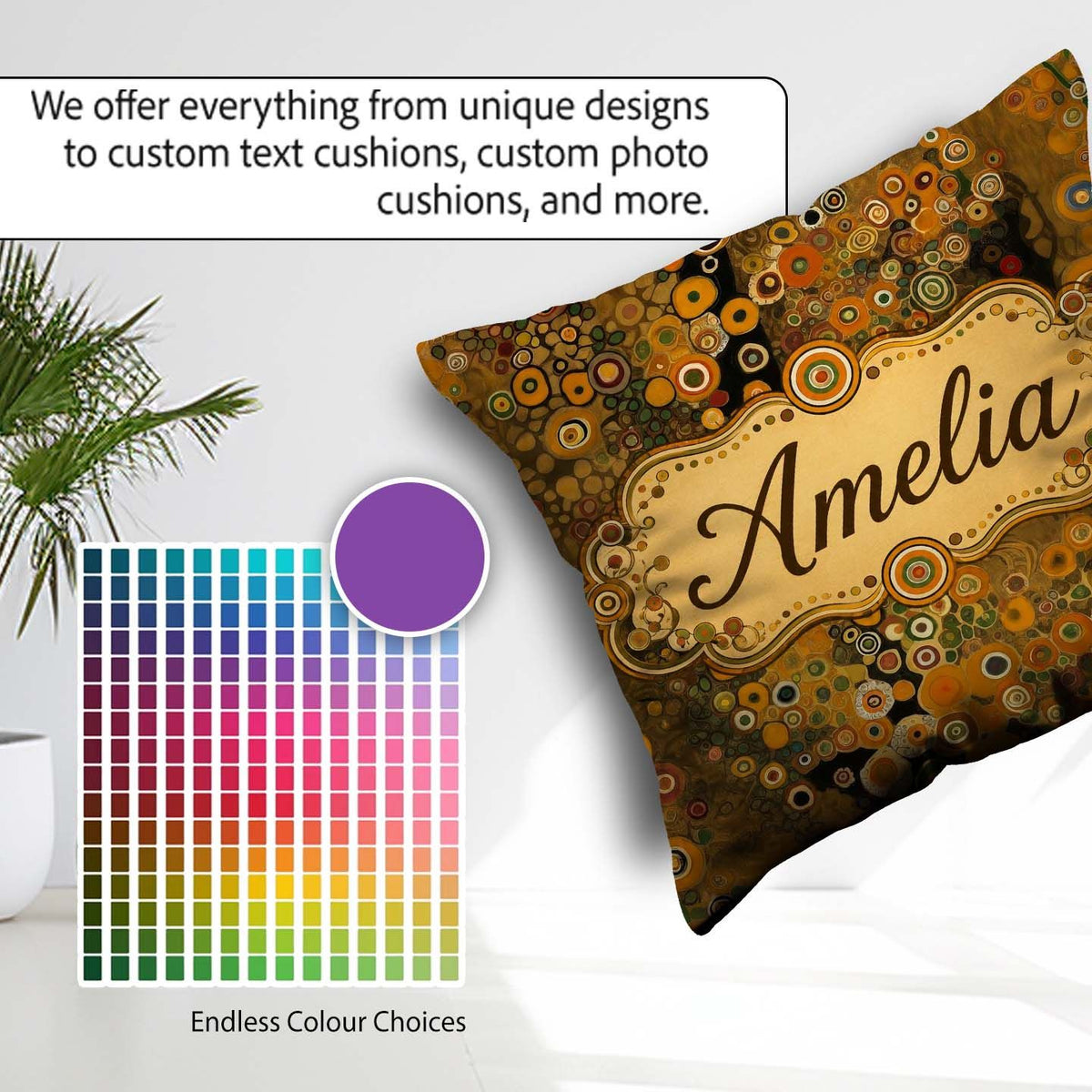 Custom Name Golden Abstract Circles Flowing Organic Seamless Square Filled Cushion Throw Pillow Sofa Bed Home Decor Zip Washable UK Made
