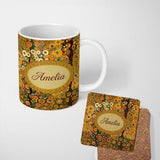 Personalized Custom Name Vibrant Circular Floral Swirl Pattern Bold Yellow Artistic Seamless 11oz Ceramic Coffee Tea Mug White Large Handle