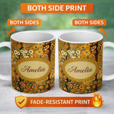 Personalized Custom Name Vibrant Circular Floral Swirl Pattern Bold Yellow Artistic Seamless 11oz Ceramic Coffee Tea Mug White Large Handle