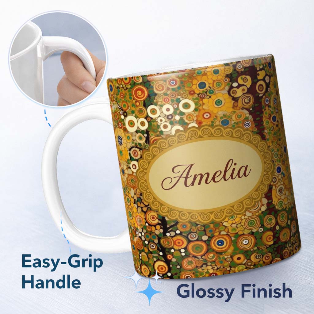 Personalized Custom Name Vibrant Circular Floral Swirl Pattern Bold Yellow Artistic Seamless 11oz Ceramic Coffee Tea Mug White Large Handle