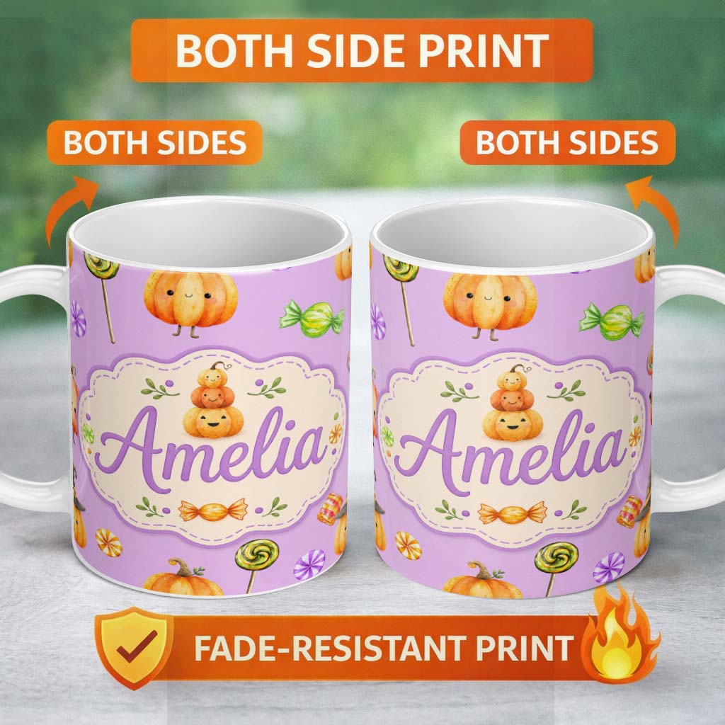Personalized Custom Name Cute Halloween Pumpkin Candy Characters Purple Background Seamless 11oz Ceramic Coffee Tea Mug White Large Handle