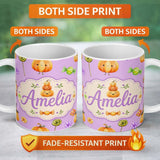 Personalized Custom Name Cute Halloween Pumpkin Candy Characters Purple Background Seamless 11oz Ceramic Coffee Tea Mug White Large Handle