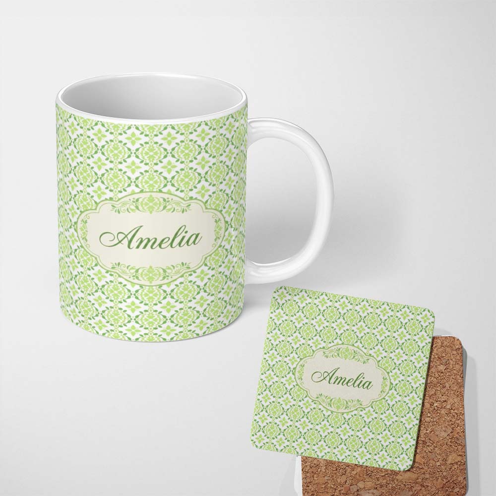 Personalized Custom Name Geometric Floral Green Tile Pattern on White Background Seamless 11oz Ceramic Coffee Tea Mug White Large Handle