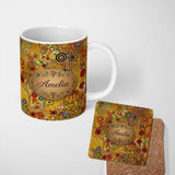 Personalized Custom Name Whimsical Floral Circles Tall Stems Abstract Garden Seamless 11oz Ceramic Coffee Tea Mug White Large Handle