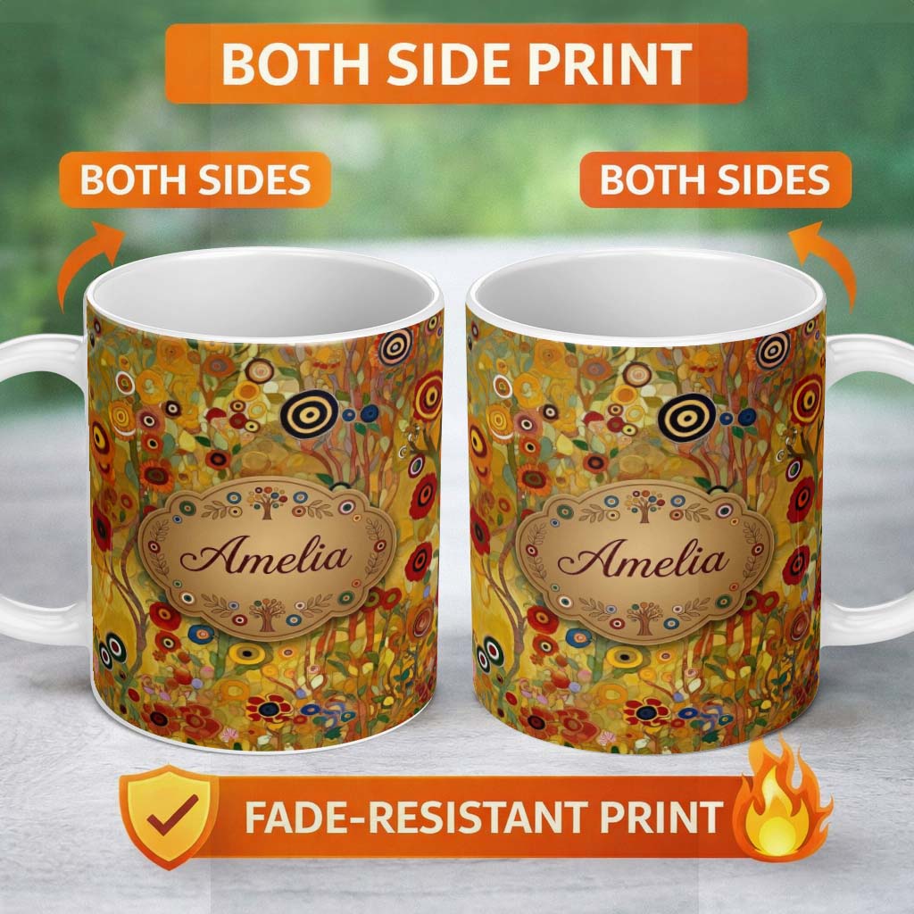 Personalized Custom Name Whimsical Floral Circles Tall Stems Abstract Garden Seamless 11oz Ceramic Coffee Tea Mug White Large Handle