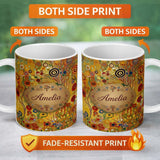 Personalized Custom Name Whimsical Floral Circles Tall Stems Abstract Garden Seamless 11oz Ceramic Coffee Tea Mug White Large Handle