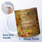 Personalized Custom Name Whimsical Floral Circles Tall Stems Abstract Garden Seamless 11oz Ceramic Coffee Tea Mug White Large Handle