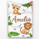 Cute Jungle Animals Lion Tiger Leopard Blush Pink Background Lovely  Personalised Custom Name Super Soft Fleece Blanket Bed Sofa Throw