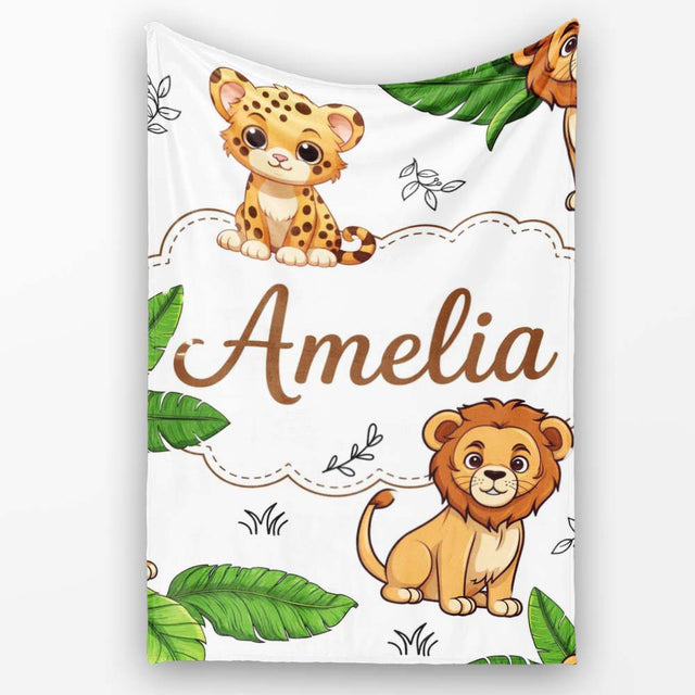 Cute Jungle Animals Lion Tiger Leopard Blush Pink Background Lovely  Personalised Custom Name Super Soft Fleece Blanket Bed Sofa Throw