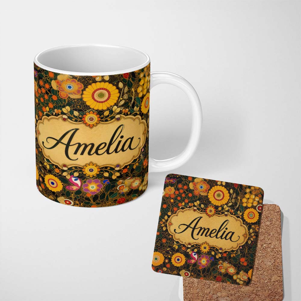 Personalized Custom Name Botanical Abstract Flowers Intricate Lines Bold Colors Seamless 11oz Ceramic Coffee Tea Mug White Large Handle