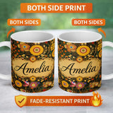 Personalized Custom Name Botanical Abstract Flowers Intricate Lines Bold Colors Seamless 11oz Ceramic Coffee Tea Mug White Large Handle