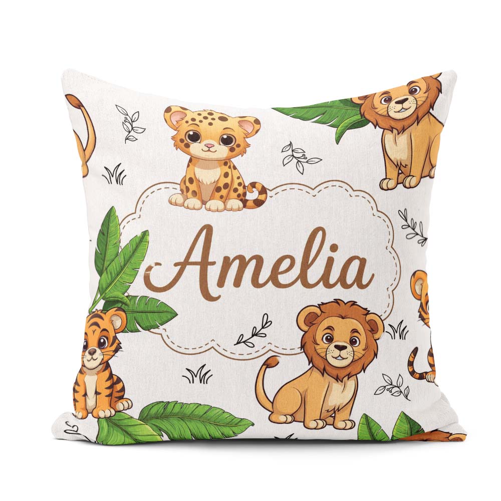 Custom Name Cute Jungle Animals Lion Tiger Blush Pink Background Square Filled Cushion Throw Pillow Sofa Bed Home Decor Zip Washable UK Made