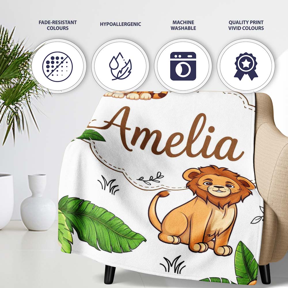 Cute Jungle Animals Lion Tiger Leopard Blush Pink Background Lovely  Personalised Custom Name Super Soft Fleece Blanket Bed Sofa Throw