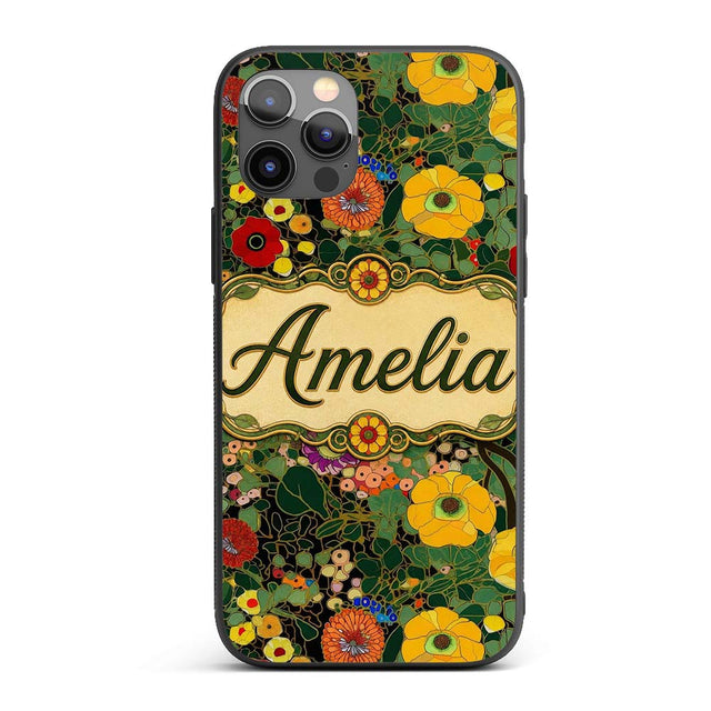 Colorful Modern Floral Pattern Bright Leaves Custom Name Protective Phone Case Mobile Cover Durable Everyday Smartphone Shock Resistant