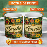 Personalized Custom Name Colorful Modern Floral Pattern Bright Leaves Artistic Seamless 11oz Ceramic Coffee Tea Mug White Large Handle