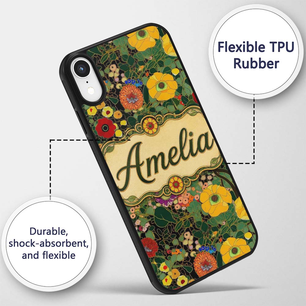 Colorful Modern Floral Pattern Bright Leaves Custom Name Protective Phone Case Mobile Cover Durable Everyday Smartphone Shock Resistant