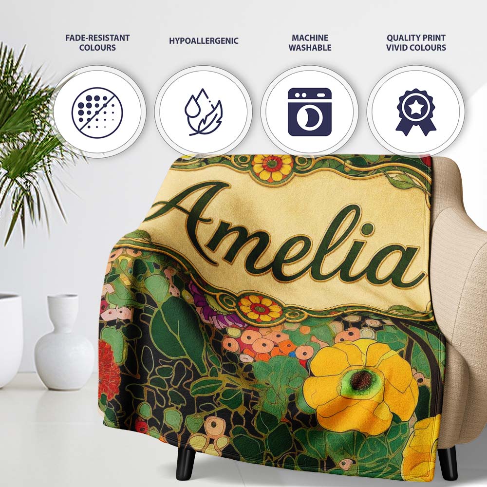 Colorful Modern Floral Pattern Bright Leaves Artistic Seamless  Personalised Custom Name Super Soft Fleece Blanket Bed Sofa Throw