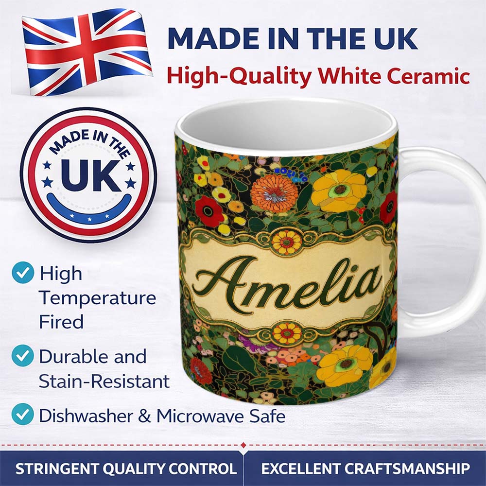 Personalized Custom Name Colorful Modern Floral Pattern Bright Leaves Artistic Seamless 11oz Ceramic Coffee Tea Mug White Large Handle