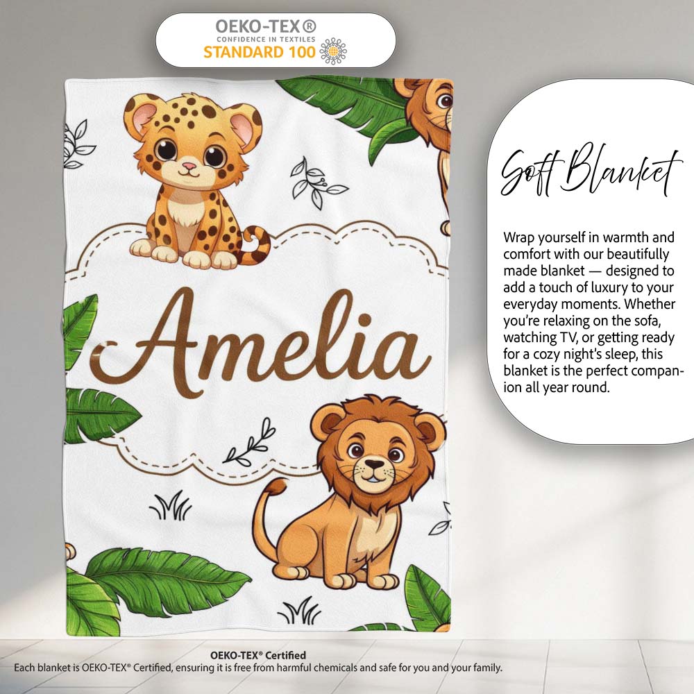 Cute Jungle Animals Lion Tiger Leopard Blush Pink Background Lovely  Personalised Custom Name Super Soft Fleece Blanket Bed Sofa Throw