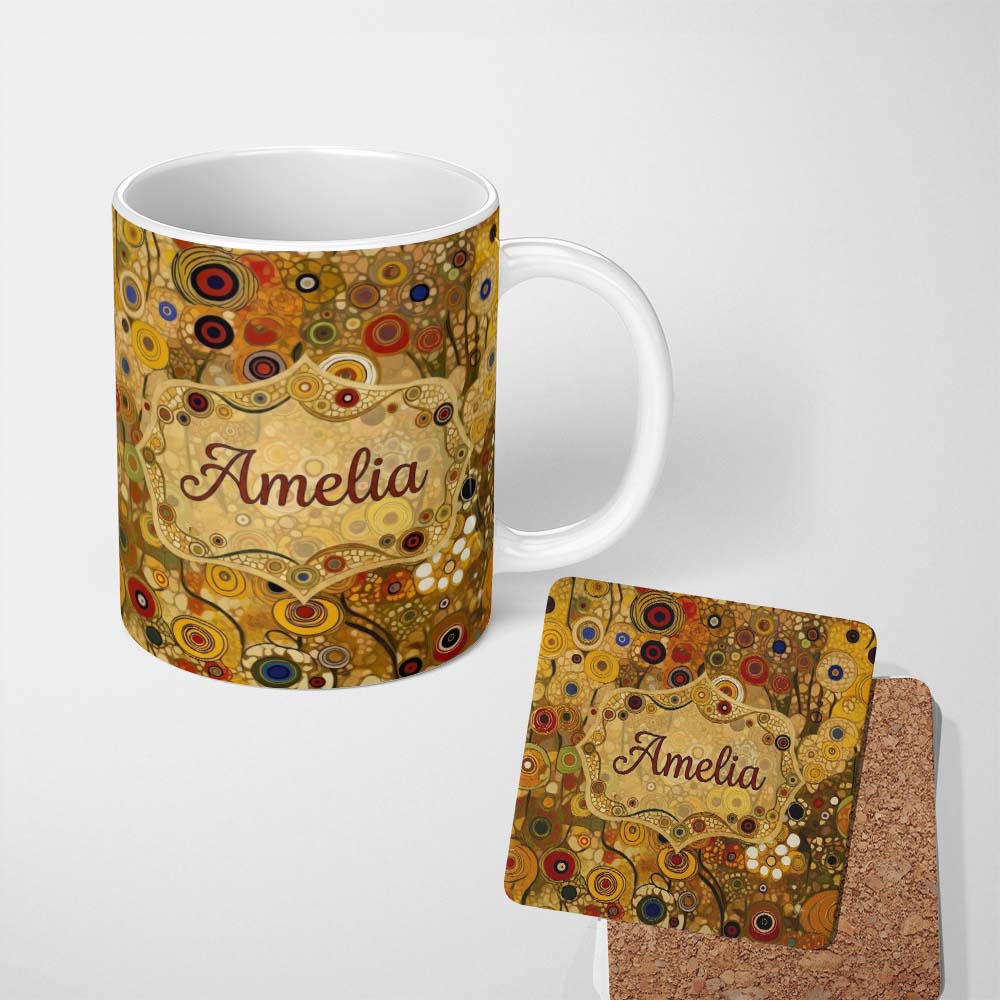 Personalized Custom Name Soft Neutral Abstract Circle Mosaic Organic Shapes Seamless Pattern 11oz Ceramic Coffee Tea Mug White Large Handle