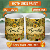 Personalized Custom Name Minimal Botanical Floral Line Art Soft Yellow Seamless Pattern 11oz Ceramic Coffee Tea Mug White Large Handle