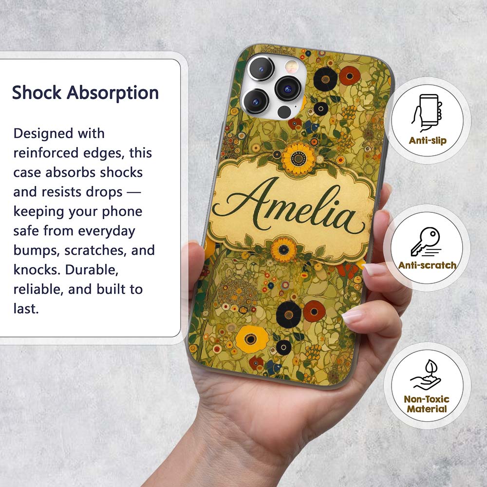 Minimal Botanical Floral Line Art Soft Yellow Custom Name Protective Phone Case Mobile Cover Durable Everyday Smartphone Shock Resistant
