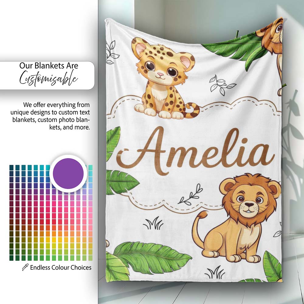 Cute Jungle Animals Lion Tiger Leopard Blush Pink Background Lovely  Personalised Custom Name Super Soft Fleece Blanket Bed Sofa Throw