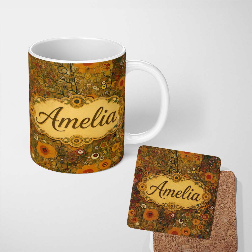 Personalized Custom Name Golden Floral Meadow Abstract Circles Organic Texture Seamless 11oz Ceramic Coffee Tea Mug White Large Handle