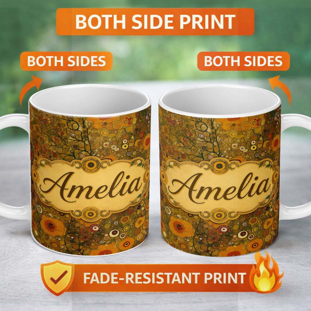 Personalized Custom Name Golden Floral Meadow Abstract Circles Organic Texture Seamless 11oz Ceramic Coffee Tea Mug White Large Handle