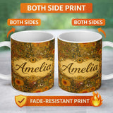 Personalized Custom Name Golden Floral Meadow Abstract Circles Organic Texture Seamless 11oz Ceramic Coffee Tea Mug White Large Handle