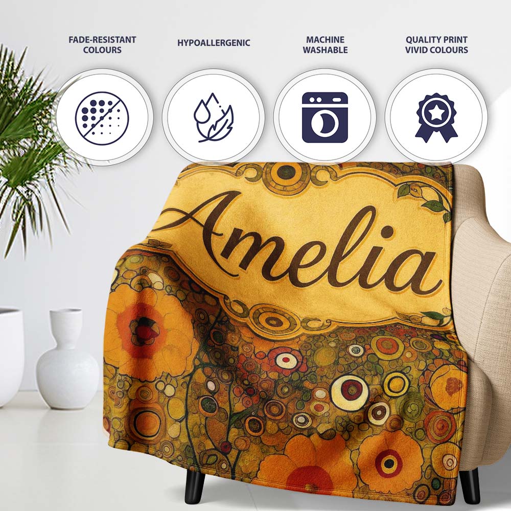 Golden Floral Meadow Abstract Circles Organic Texture Seamless  Personalised Custom Name Super Soft Fleece Blanket Bed Sofa Throw