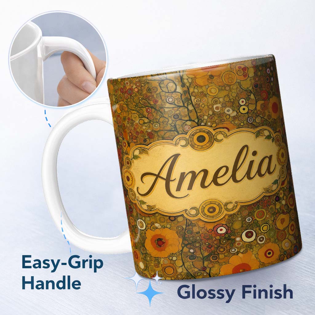 Personalized Custom Name Golden Floral Meadow Abstract Circles Organic Texture Seamless 11oz Ceramic Coffee Tea Mug White Large Handle