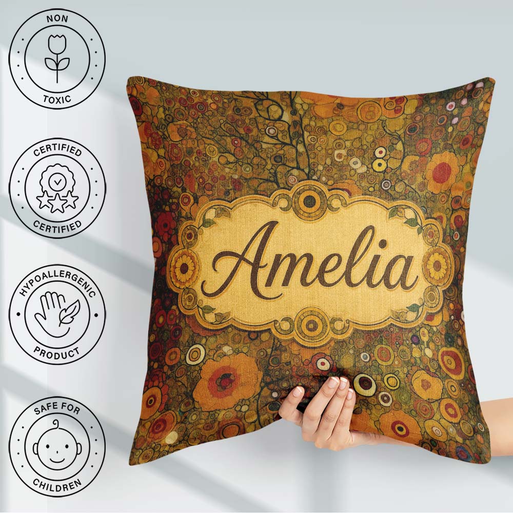 Custom Name Golden Abstract Circles Organic Texture Seamless Square Filled Cushion Throw Pillow Sofa Bed Home Decor Zip Washable UK Made