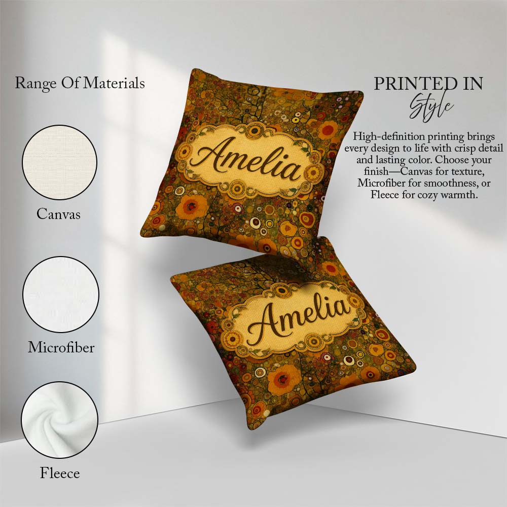 Custom Name Golden Abstract Circles Organic Texture Seamless Square Filled Cushion Throw Pillow Sofa Bed Home Decor Zip Washable UK Made