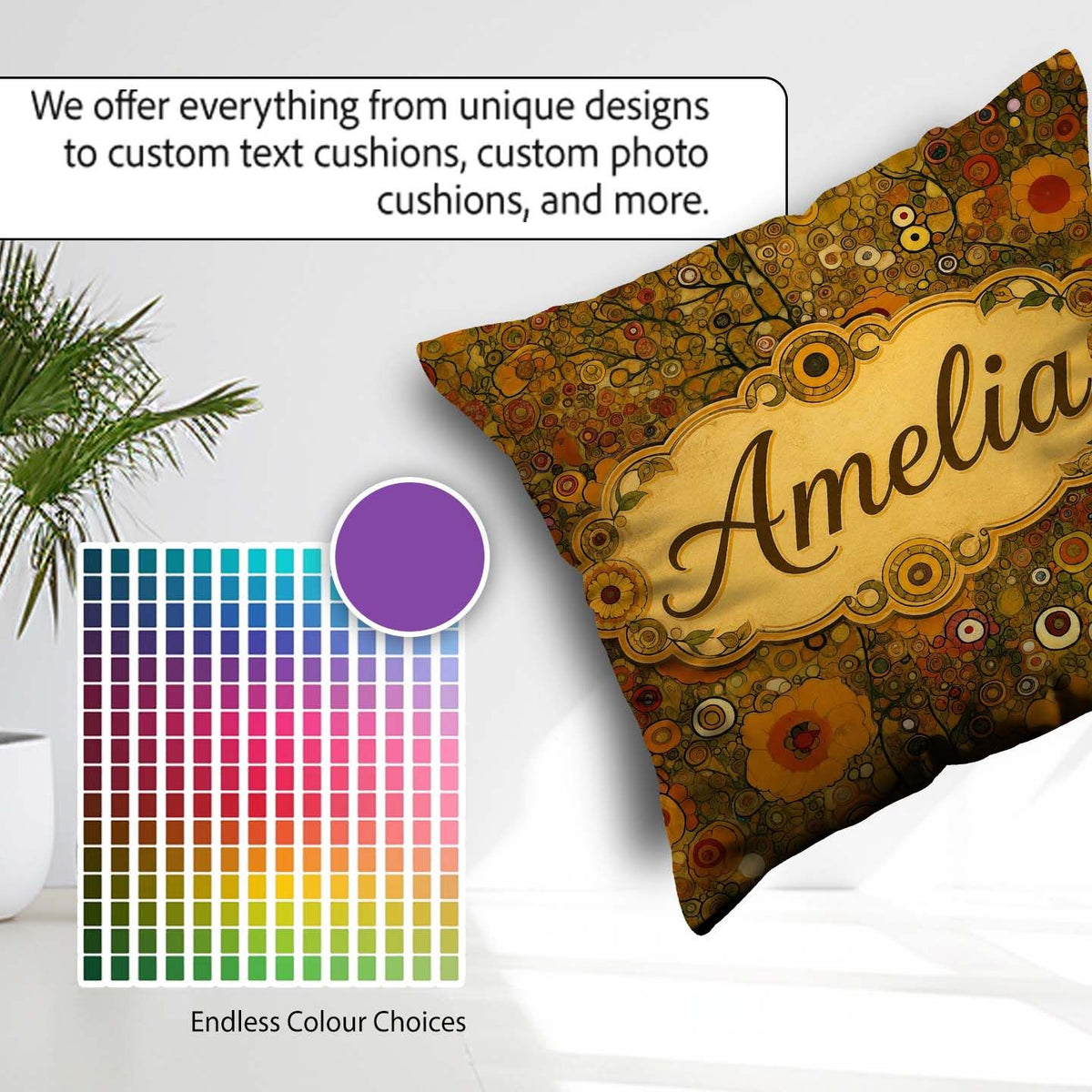 Custom Name Golden Abstract Circles Organic Texture Seamless Square Filled Cushion Throw Pillow Sofa Bed Home Decor Zip Washable UK Made