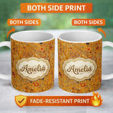 Personalized Custom Name Warm Amber Abstract Circle Texture Dense Pattern Artistic Seamless 11oz Ceramic Coffee Tea Mug White Large Handle