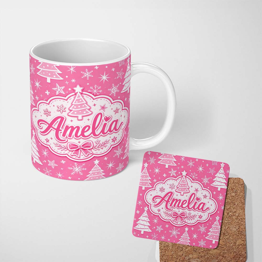 Personalized Custom Name Pink Christmas Trees Snowflake Star Seamless Pattern Lovely 11oz Ceramic Coffee Tea Mug White Large Handle