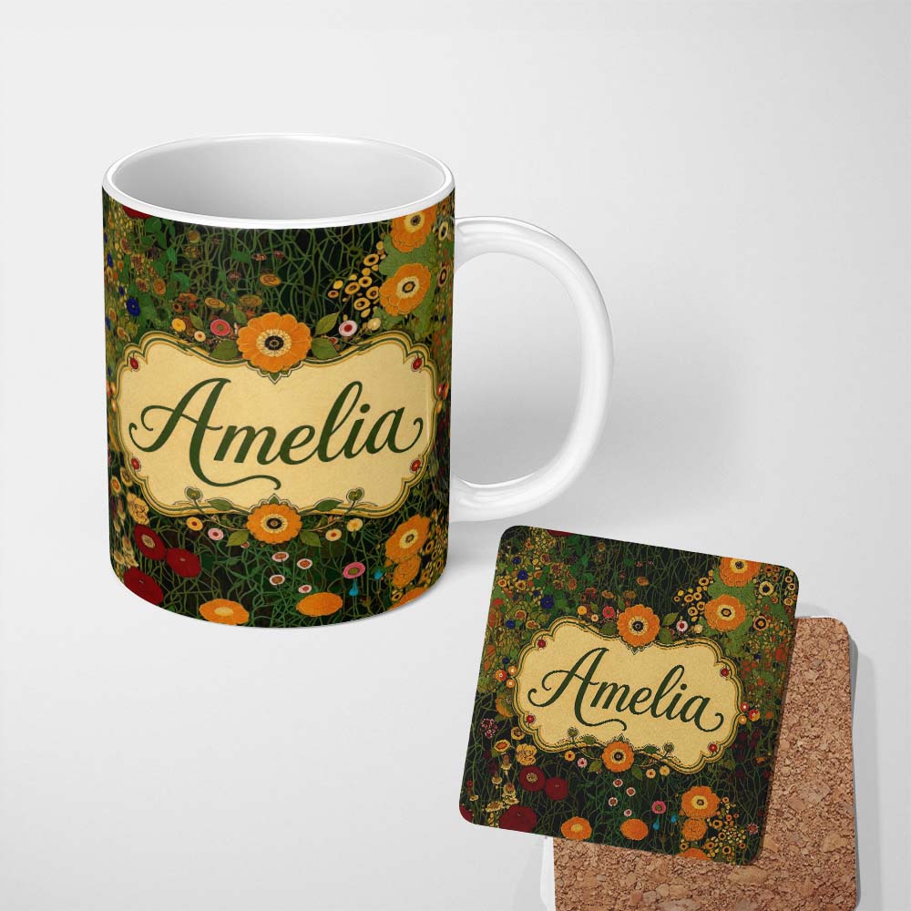 Personalized Custom Name Lush Green Floral Garden Detailed Leaves Blossoms Seamless Pattern 11oz Ceramic Coffee Tea Mug White Large Handle