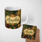 Personalized Custom Name Lush Green Floral Garden Detailed Leaves Blossoms Seamless Pattern 11oz Ceramic Coffee Tea Mug White Large Handle