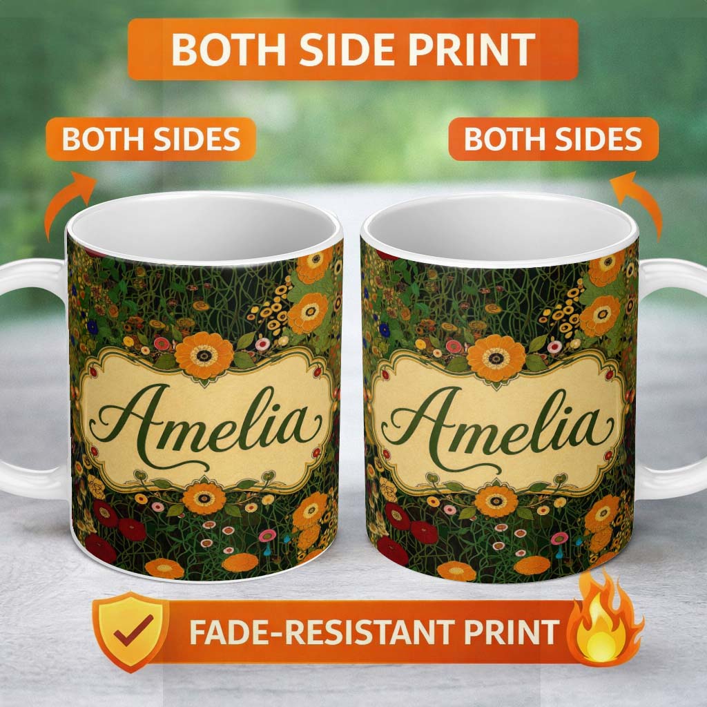 Personalized Custom Name Lush Green Floral Garden Detailed Leaves Blossoms Seamless Pattern 11oz Ceramic Coffee Tea Mug White Large Handle