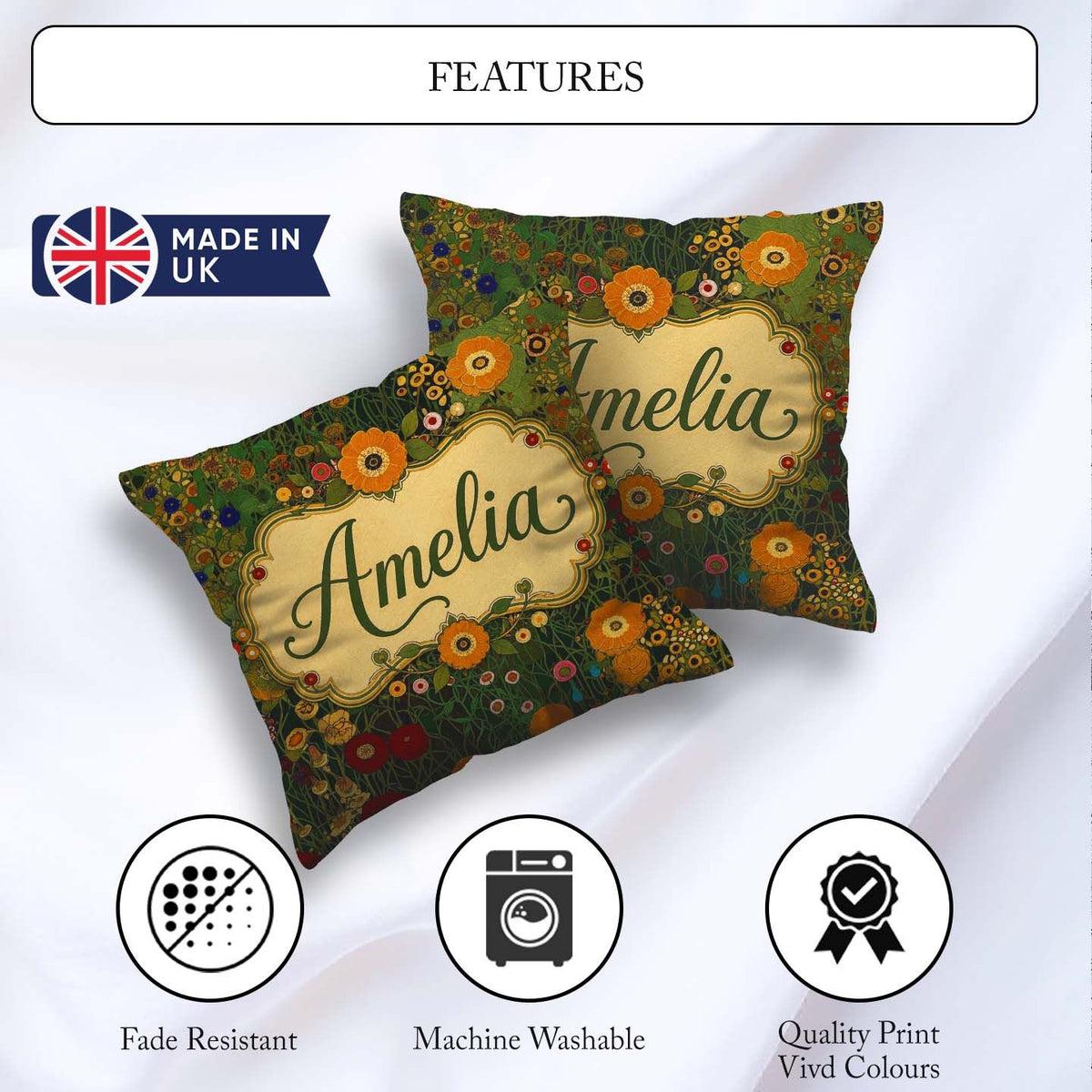 Custom Name Lush Floral Garden Detailed Leaves Blossoms Seamless Square Filled Cushion Throw Pillow Sofa Bed Home Decor Zip Washable UK Made