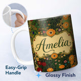 Personalized Custom Name Lush Green Floral Garden Detailed Leaves Blossoms Seamless Pattern 11oz Ceramic Coffee Tea Mug White Large Handle