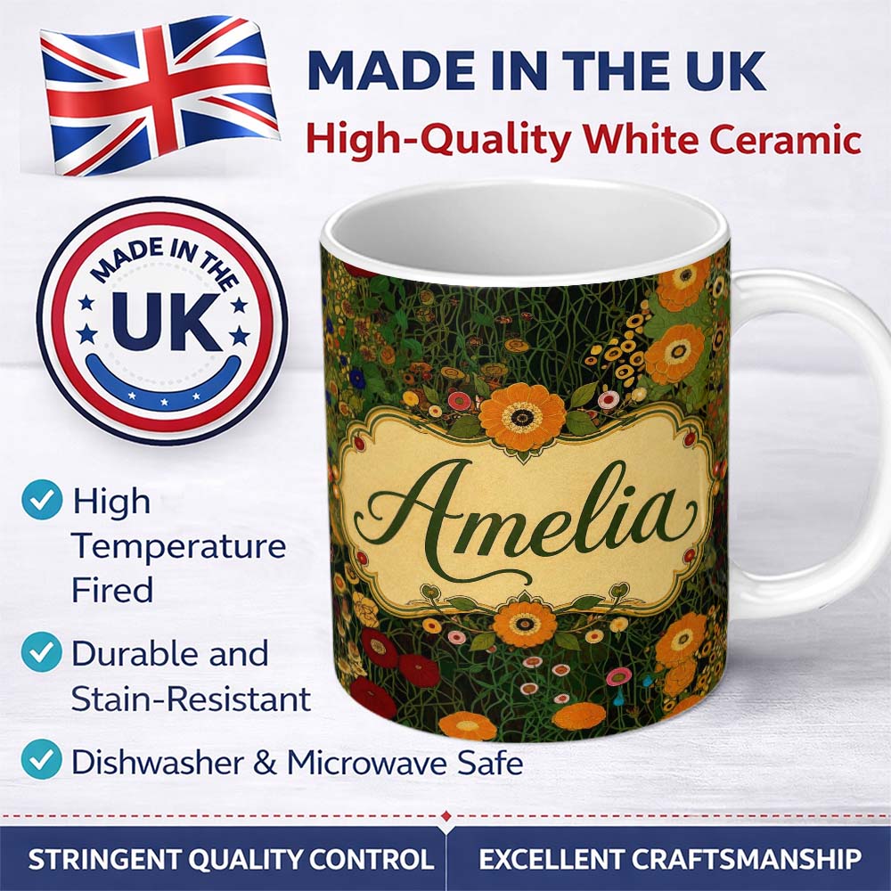 Personalized Custom Name Lush Green Floral Garden Detailed Leaves Blossoms Seamless Pattern 11oz Ceramic Coffee Tea Mug White Large Handle