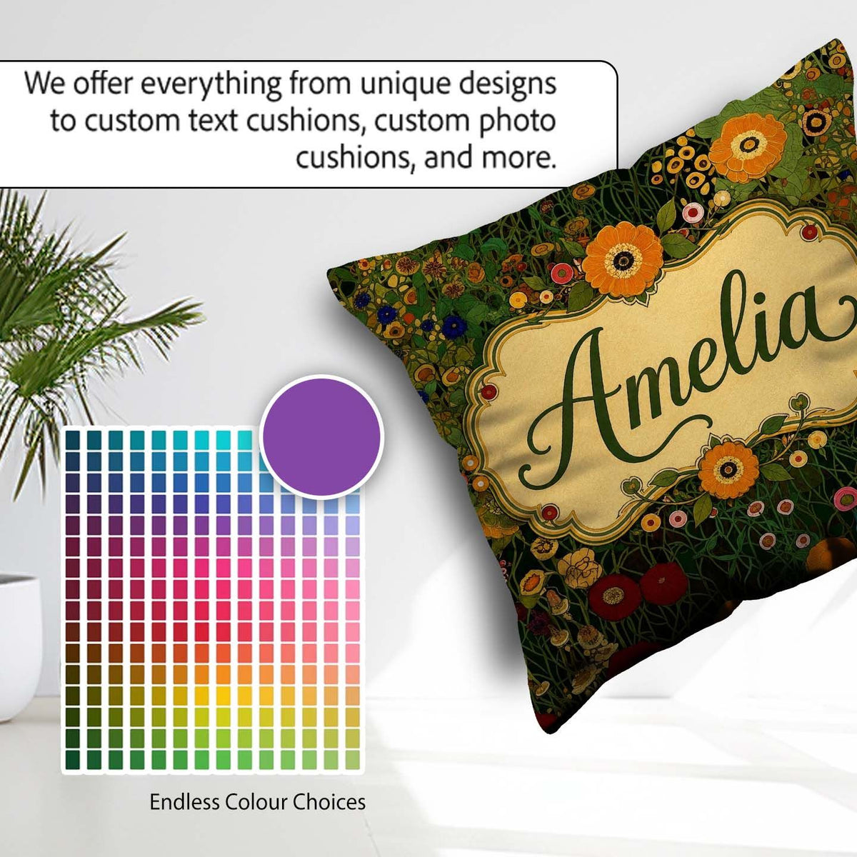 Custom Name Lush Floral Garden Detailed Leaves Blossoms Seamless Square Filled Cushion Throw Pillow Sofa Bed Home Decor Zip Washable UK Made