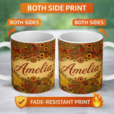 Personalized Custom Name Rich Red Floral Tree Abstract Blossoms Warm Tones Seamless Pattern 11oz Ceramic Coffee Tea Mug White Large Handle